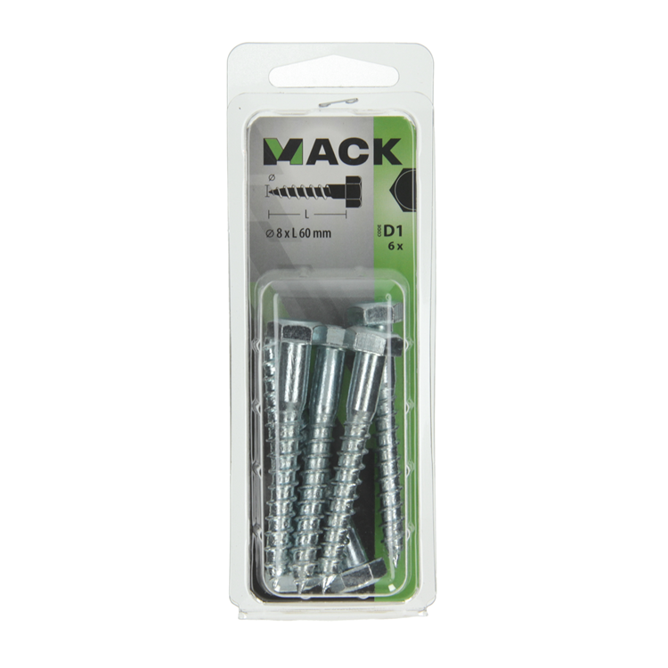 Mack 1017416 - houtdraadbout staal verzinkt 6 st 8 x 60 mm | 5 stuks