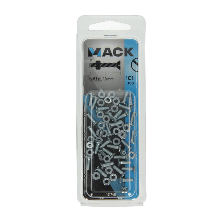 Mack 1017488 - metaalschroef verz. kop + moer verz. 30st m3 x 10 mm | 10 stuks