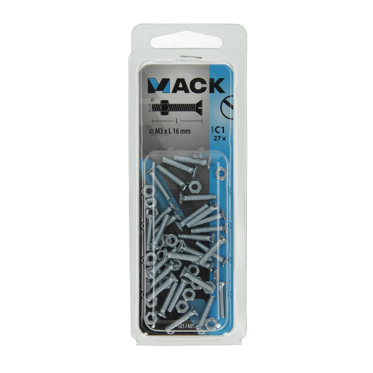 Mack 1017489 - metaalschroef verz. kop + moer verz. 27st m3 x 16 mm | 10 stuks