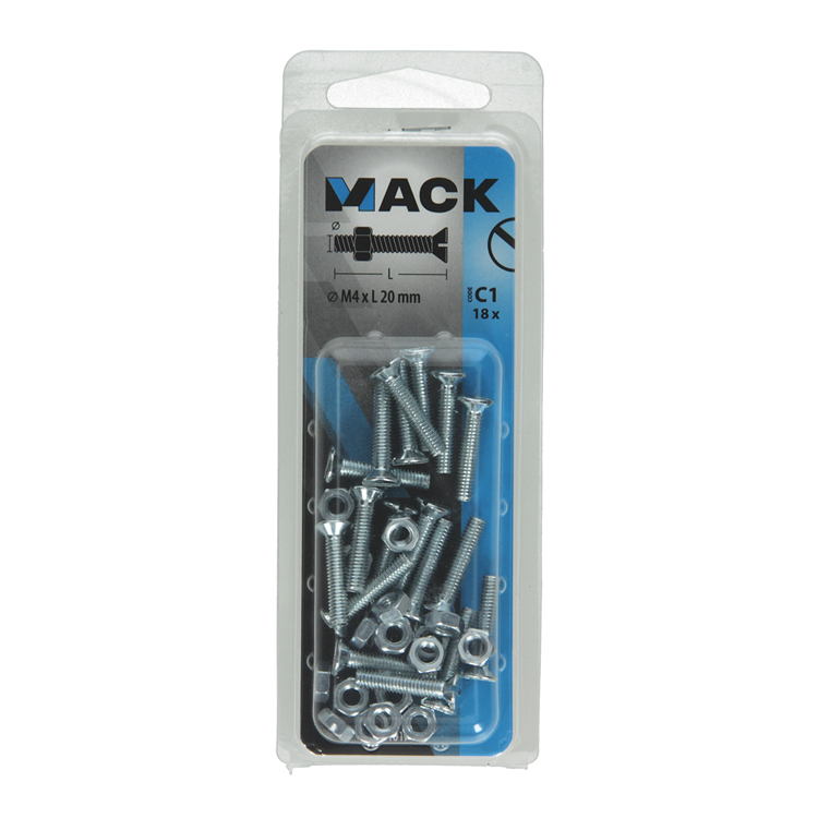 Mack 1017492 - metaalschroef verz. kop + moer verz. 18st m4 x 20 mm | 10 stuks