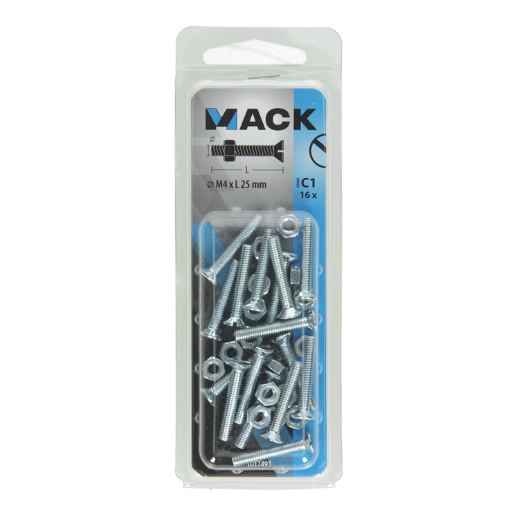 Mack 1017493 - metaalschroef verz. kop + moer verz. 16st m4 x 25 mm | 10 stuks