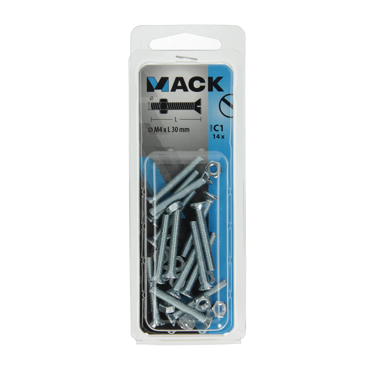 Mack 1017494 - metaalschroef verz. kop + moer verz. 14st m4 x 30 mm | 10 stuks