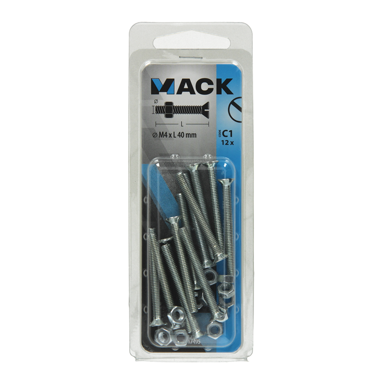 Mack 1017495 - metaalschroef verz. kop + moer verz. 12st m4 x 40 mm | 10 stuks