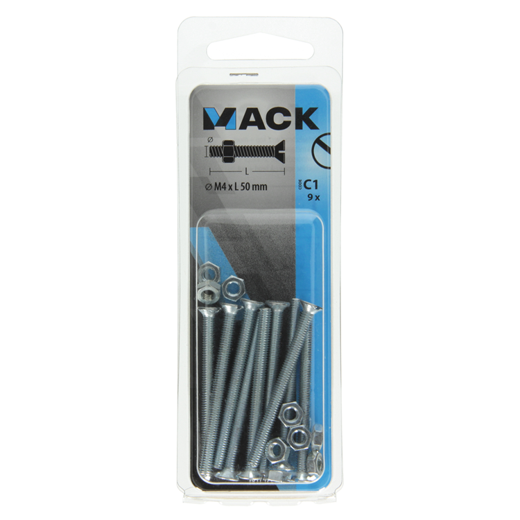 Mack 1017496 - metaalschroef verz. kop + moer verz. 9 st m4 x 50 mm | 10 stuks