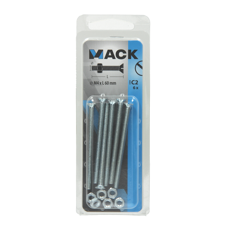 Mack 1017497 - metaalschroef verz. kop + moer verz. 6 st m4 x 60 mm | 10 stuks