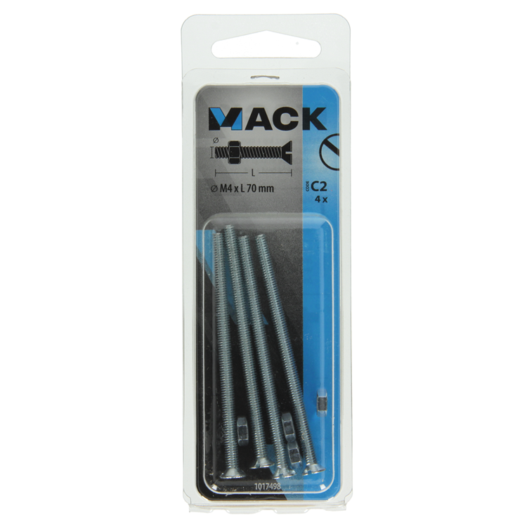 Mack 1017498 - metaalschroef verz. kop + moer verz. 4 st m4 x 70 mm | 10 stuks
