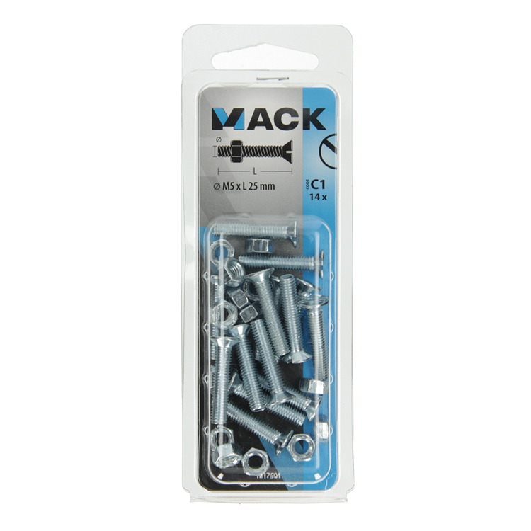 Mack 1017501 - metaalschroef verz. kop + moer verz. 14st m5 x 25 mm | 10 stuks