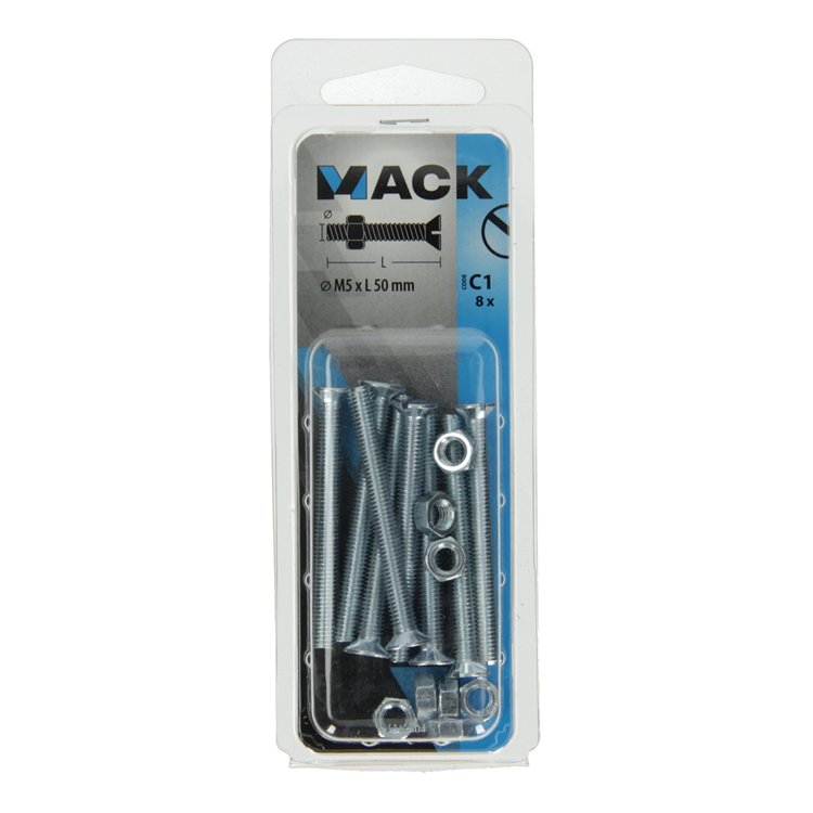 Mack 1017504 - metaalschroef verz. kop + moer verz. 8 st m5 x 50 mm | 10 stuks