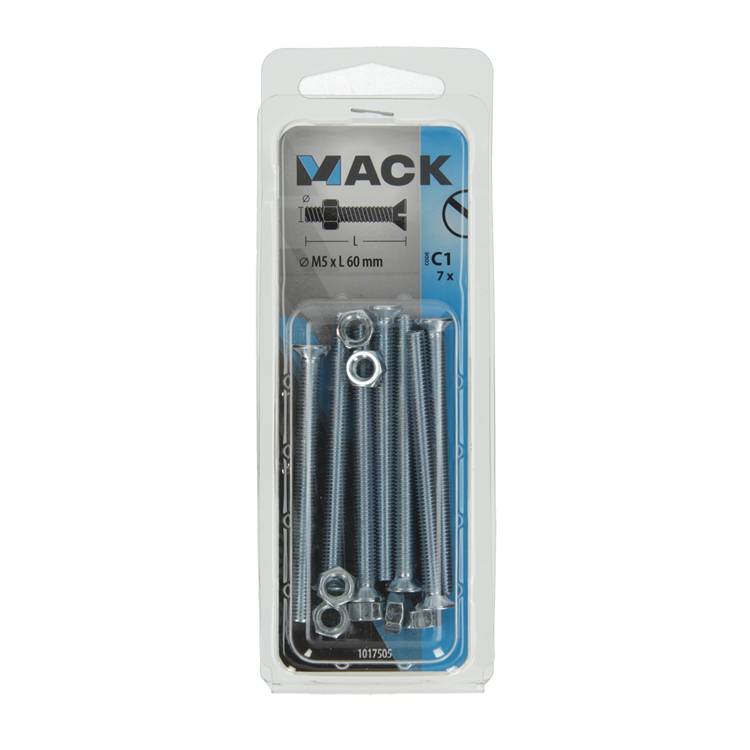 Mack 1017505 - metaalschroef verz. kop + moer verz. 7 st m5 x 60 mm | 10 stuks