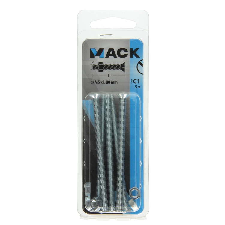 Mack 1017507 - metaalschroef verz. kop + moer verz. 5 st m5 x 80 mm | 10 stuks