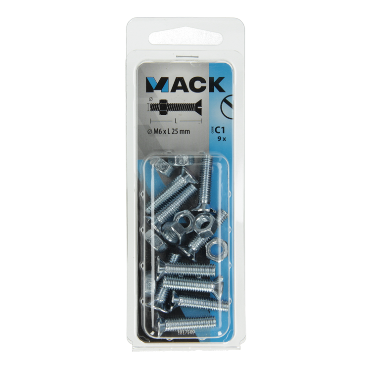 Mack 1017509 - metaalschroef verz. kop + moer verz. 9 st m6 x 25 mm | 10 stuks