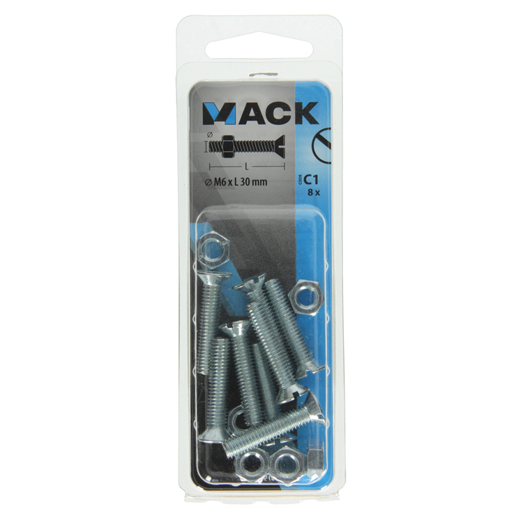 Mack 1017510 - metaalschroef verz. kop + moer verz. 8 st m6 x 30 mm | 10 stuks