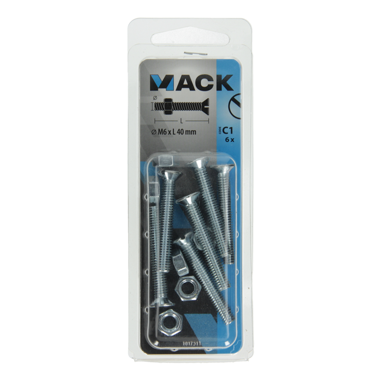Mack 1017511 - metaalschroef verz. kop + moer verz. 6 st m6 x 40 mm | 10 stuks