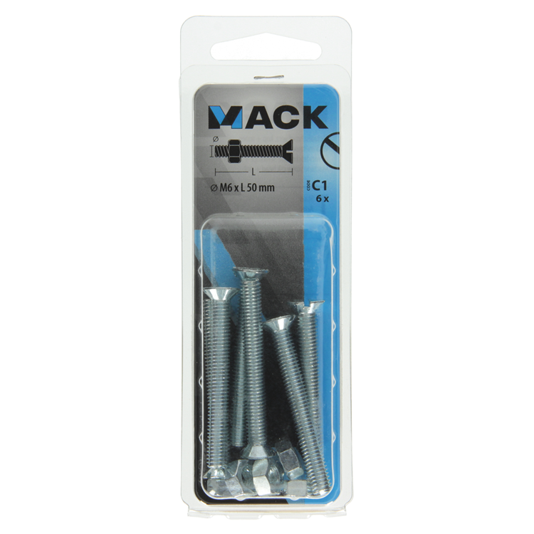 Mack 1017512 - metaalschroef verz. kop + moer verz. 6 st m6 x 50 mm | 10 stuks