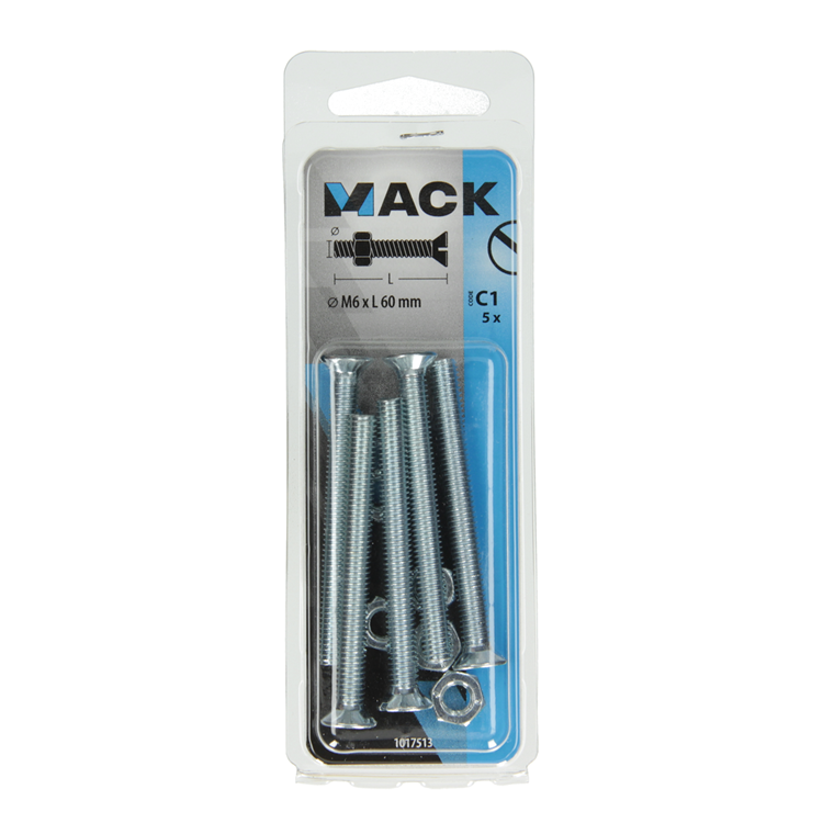 Mack 1017513 - metaalschroef verz. kop + moer verz. 5 st m6 x 60 mm | 10 stuks