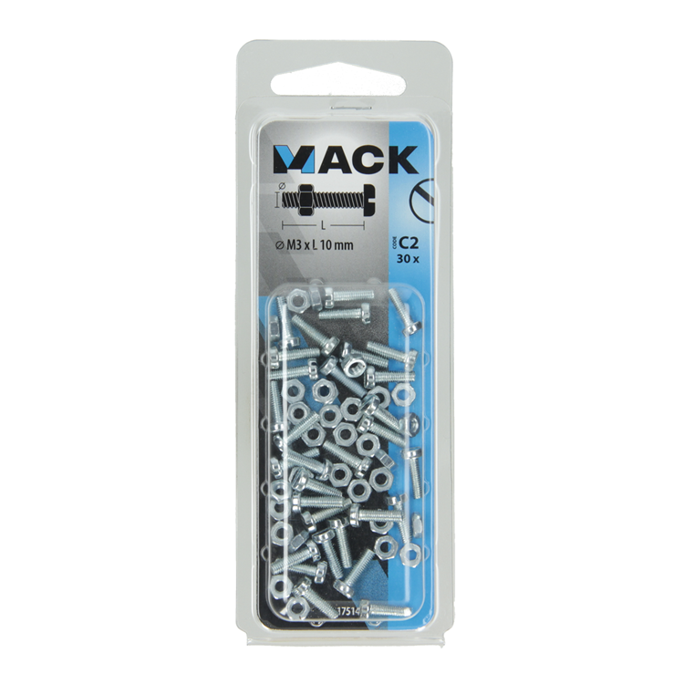 Mack 1017514 - metaalschroef cyl. kop + moer verz. 30 st m3 x 10 mm | 10 stuks