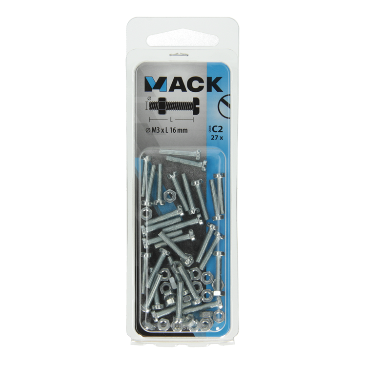 Mack 1017515 - metaalschroef cyl. kop + moer verz. 27 st m3 x 16 mm | 10 stuks