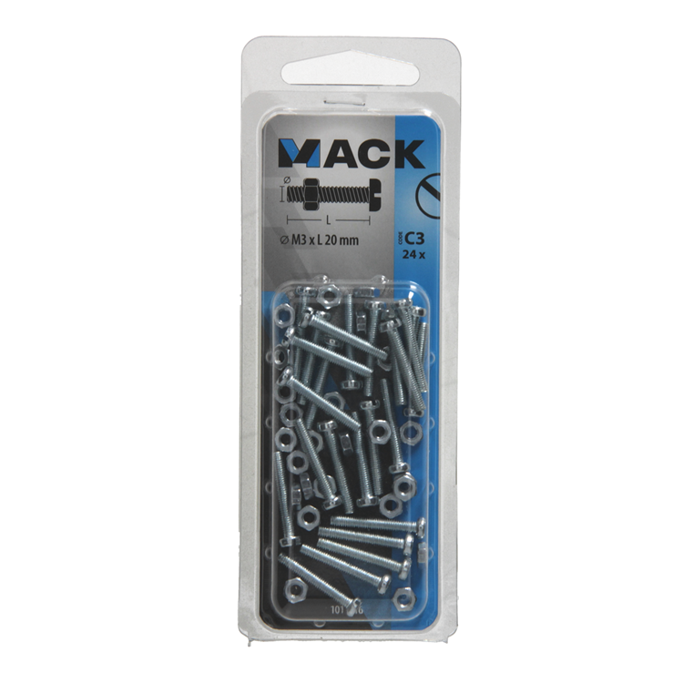 Mack 1017516 - metaalschroef cyl. kop + moer verz. 24 st m3 x 20 mm | 10 stuks