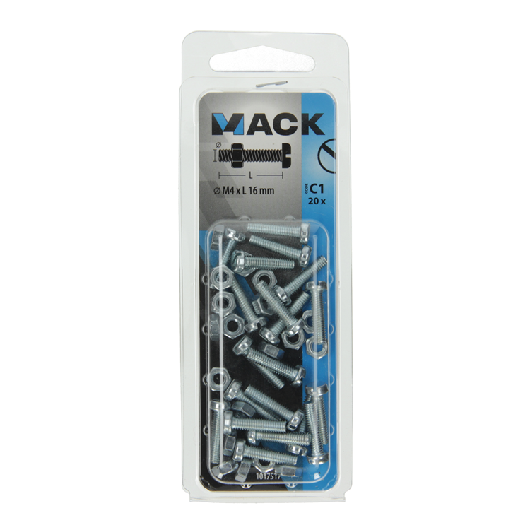 Mack 1017517 - metaalschroef cyl. kop + moer verz. 20 st m4 x 16 mm | 10 stuks