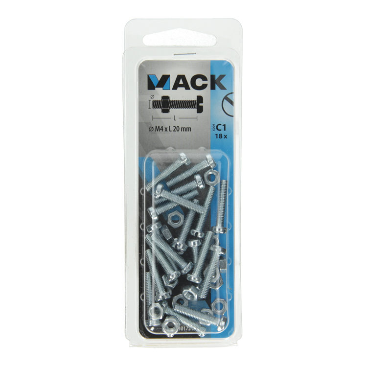 Mack 1017518 - metaalschroef cyl. kop + moer verz. 18 st m4 x 20 mm | 10 stuks