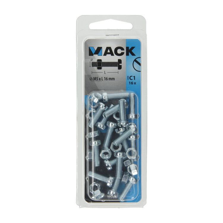 Mack 1017523 - metaalschroef cyl. kop + moer verz. 16 st m5 x 16 mm | 10 stuks