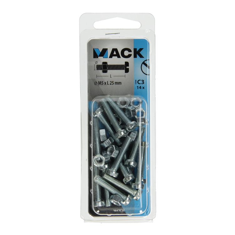 Mack 1017525 - metaalschroef cyl. kop + moer verz. 14 st m5 x 25 mm | 10 stuks