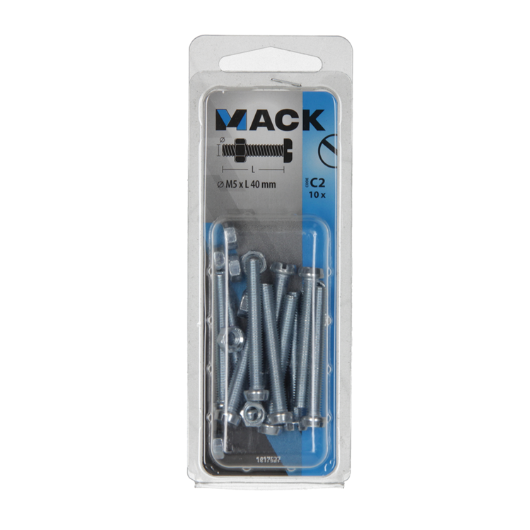 Mack 1017527 - metaalschroef cyl. kop + moer verz. 10 st m5 x 40 mm | 10 stuks
