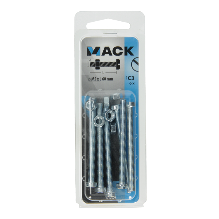 Mack 1017529 - metaalschroef cyl. kop + moer verz. 6 st m5 x 60 mm | 10 stuks