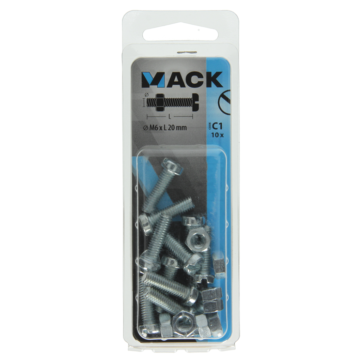 Mack 1017531 - metaalschroef cyl. kop + moer verz. 10 st m6 x 20 mm | 10 stuks