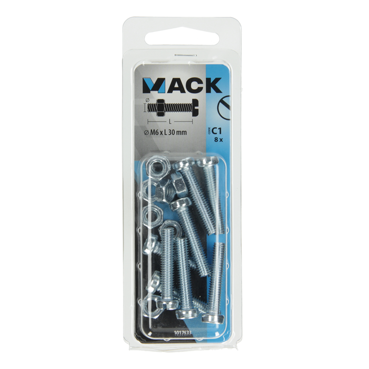 Mack 1017533 - metaalschroef cyl. kop + moer verz. 8 st m6 x 30 mm | 10 stuks