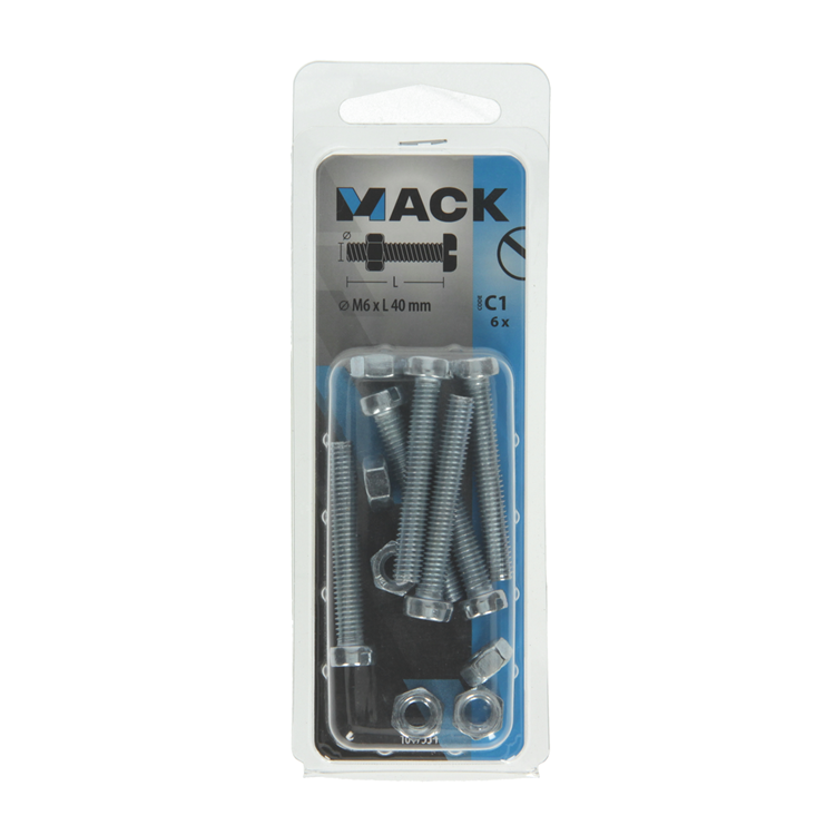 Mack 1017534 - metaalschroef cyl. kop + moer verz. 6 st m6 x 40 mm | 10 stuks