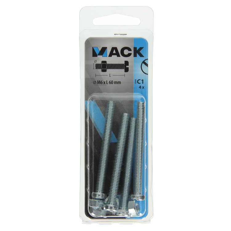 Mack 1017536 - metaalschroef cyl. kop + moer verz. 4 st m6 x 60 mm | 10 stuks