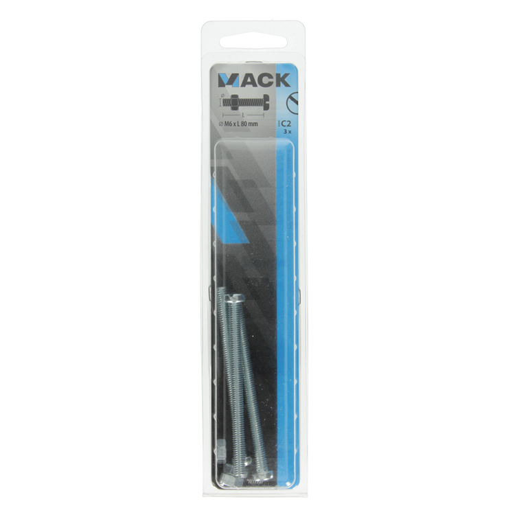 Mack 1017537 - metaalschroef cyl. kop + moer verz. 3 st m6 x 80 mm | 5 stuks