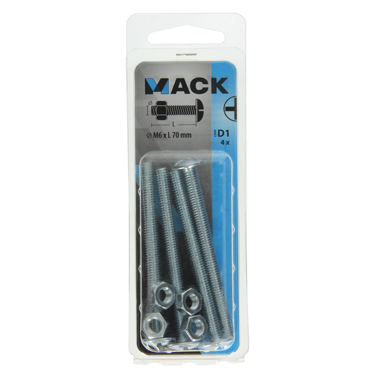 Mack 1017557 - kachelbout + moer staal verzinkt 4 st m6 x 70 mm | 10 stuks