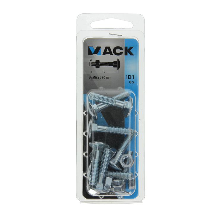 Mack 1017568 - houtbout + moer staal verzinkt8 st m6 x 30 mm | 5 stuks