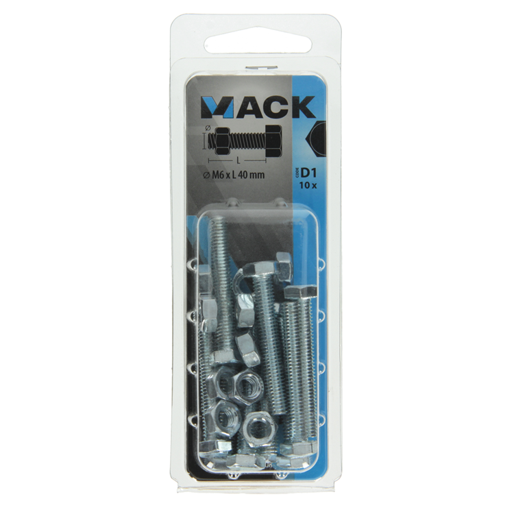 Mack 1017608 - tapbout + moer staal verzinkt 10 st m6 x 40 mm | 5 stuks