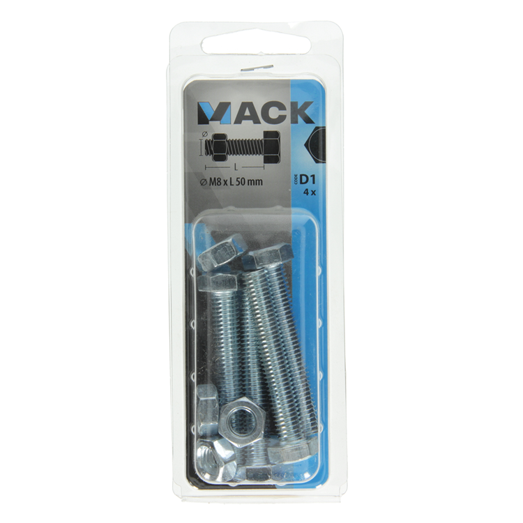 Mack 1017616 - tapbout + moer staal verzinkt 4 st m8 x 50 mm | 10 stuks