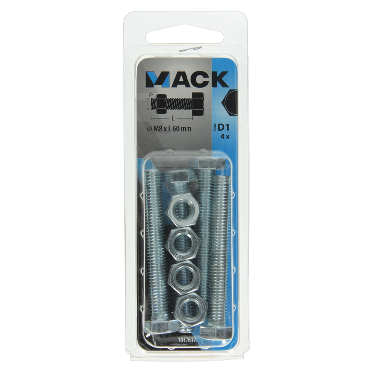 Mack 1017617 - tapbout + moer staal verzinkt 4 st m8 x 60 mm | 10 stuks