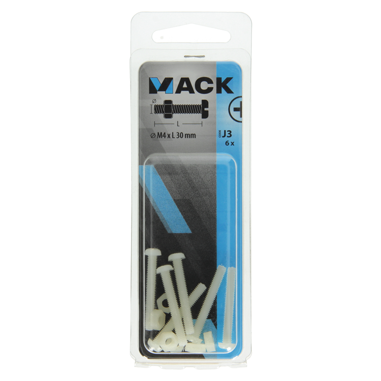 Mack 1017641 - metaalschroef cyl. kop + moer nylon 6 st m4 x 30 mm | 10 stuks