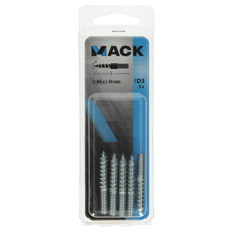 Mack 1017668 - stokeinde hout + metr. draad verz. 5 st m6x40 | 10 stuks