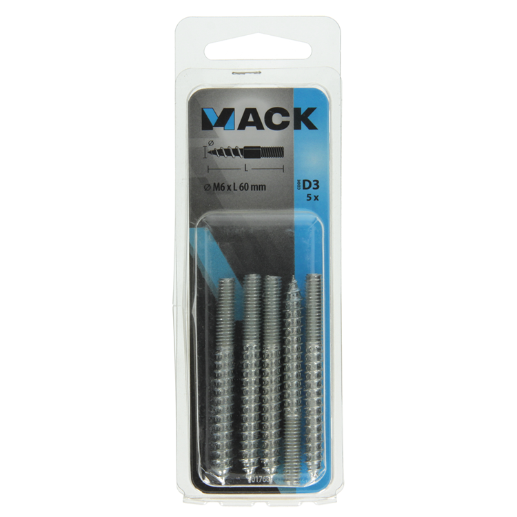 Mack 1017669 - stokeinde hout + metr. draad verz. 5 st m6x60 | 10 stuks