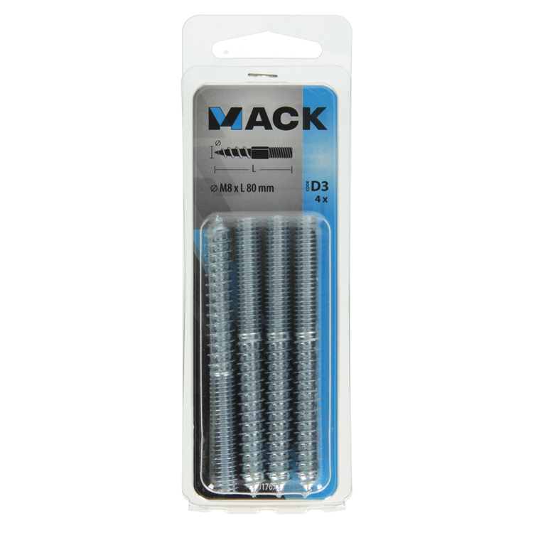 Mack 1017671 - stokeinde hout + metr. draad verz. 4 st m8x80 | 10 stuks