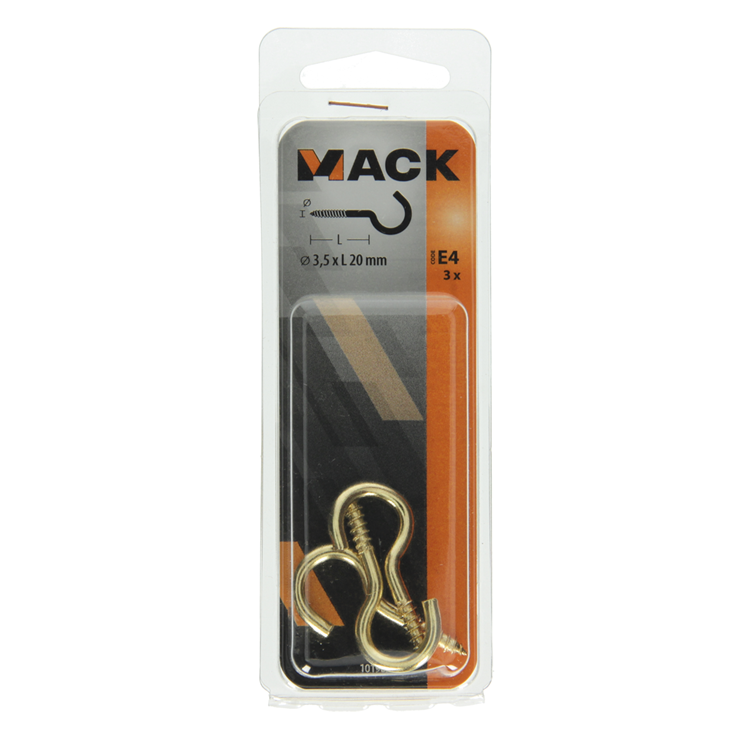 Mack 1019698 - schroefhaak messing 3 st 3,5 x 20mm | 10 stuks