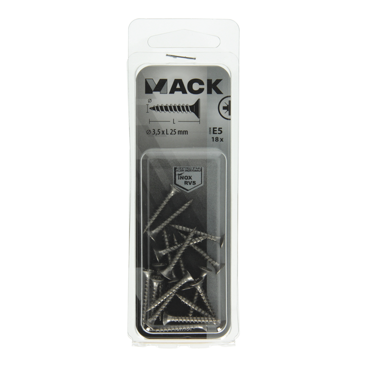 Mack 1019734 - spaanplaatschroef vz kop rvs 18 st 3,5 x 25 mm | 10 stuks