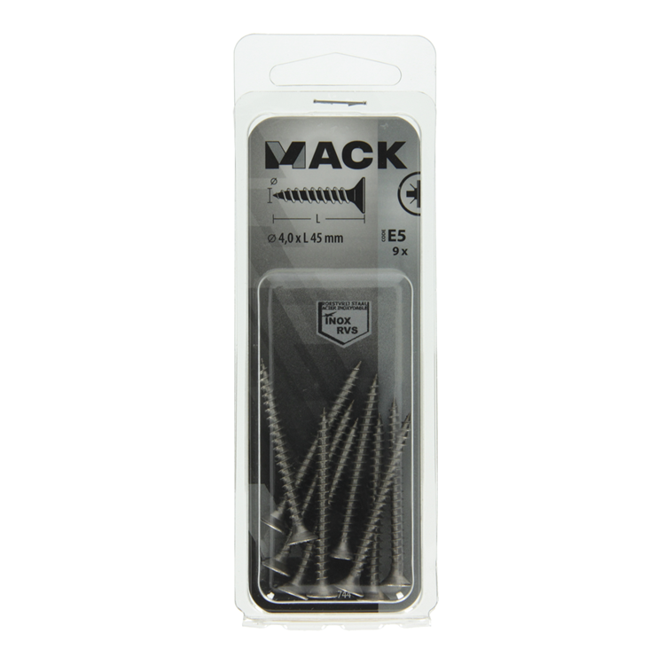 Mack 1019744 - spaanplaatschroef vz kop rvs 9 st 4,0 x 45 mm | 10 stuks