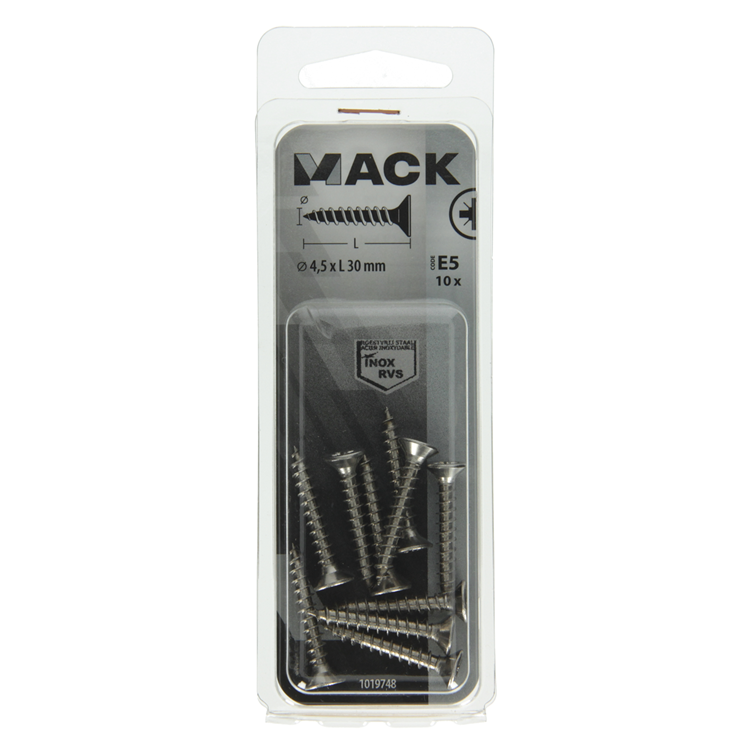Mack 1019748 - spaanplaatschroef vz kop rvs 10 st 4,5 x 30 mm | 10 stuks