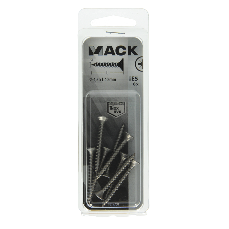Mack 1019750 - spaanplaatschroef vz kop rvs 8 st 4,5 x 40 mm | 10 stuks