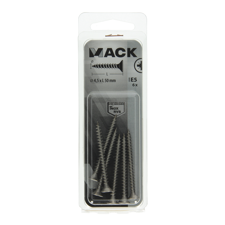 Mack 1019752 - spaanplaatschroef vz kop rvs 6 st 4,5 x 50 mm | 10 stuks