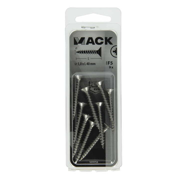 Mack 1019754 - spaanplaatschroef vz kop rvs 9 st 5,0 x 40 mm | 10 stuks