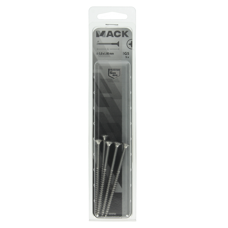 Mack 1019758 - spaanplaatschroef vz kop rvs 5 st 5,0 x 80 mm | 5 stuks